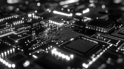 Dark circuit board processing data with glowing light paths