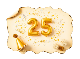 Golden number 25 balloons and party hat isolated on transparent background