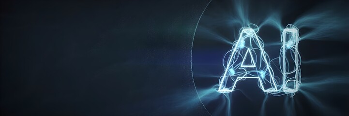 A glowing AI digital interface on a futuristic blue tech background with circuit elements and wide negative space, ideal for banners, presentations, and innovation themes.