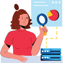 Woman Winks Holding Magnifying Glass Over Digital Chart Data With Servers In Background