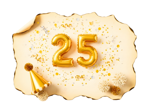 Golden number 25 balloons and party hat isolated on transparent background