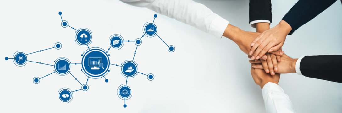 A visual representation of collaboration and teamwork in an analytical environment, showcasing hands joining together over a digital network of icons representing data and technology. Amity - Powered by Adobe