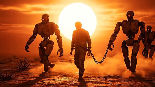 Android robots lead a man to execution at sunset&mdash;a pessimistic future.