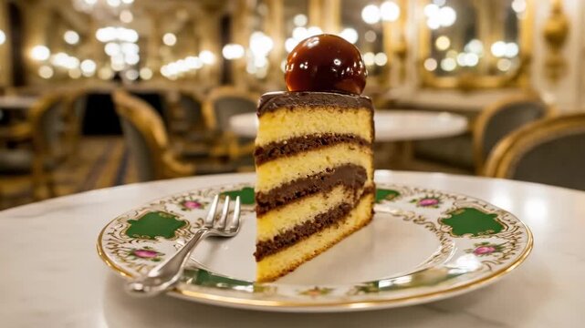 Slice of classic Hungarian Dobos Torte with chocolate cream and caramel on elegant plate. Gourmet dessert in a luxury classic restaurant.