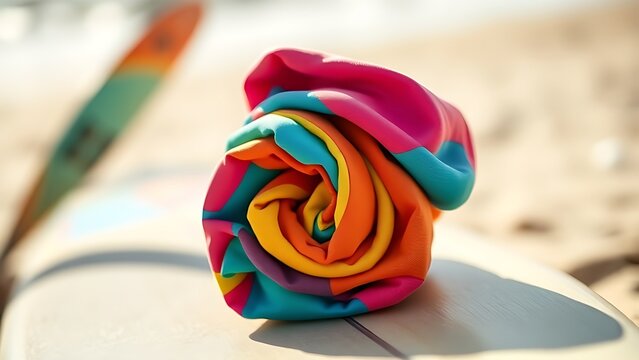 rashguard. A colorful rolled-up rashguard resting on a surfboard at the beach. event key visuals, club posters, designed for fitness apps and gym onboarding, drives event promotion.