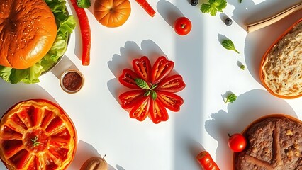 preservative. Overhead arrangement of unhealthy food items under stark clinical lighting with shadows. menu design, packaging mockups, designed for culinary blogs and recipe cards for restaurants.