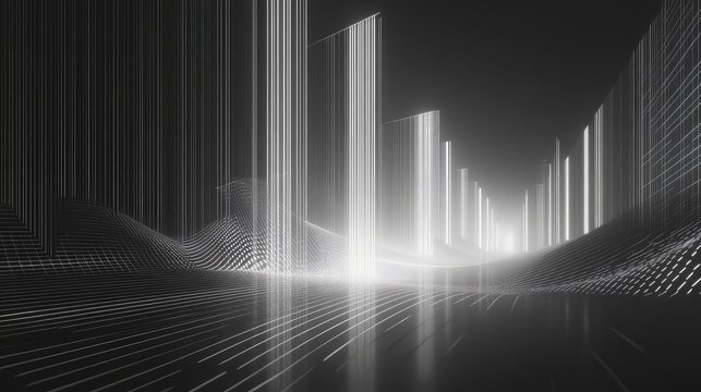 Digital architecture creating futuristic landscape with data lines