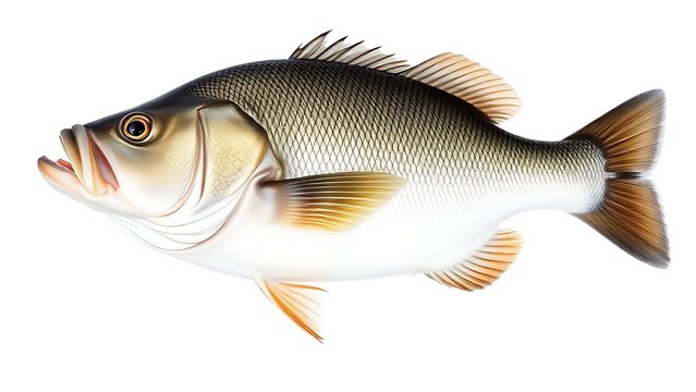 seabass. A fresh sea bass fish with detailed scales, isolated on a white background. wildlife magazines, conservation campaigns, designed for nature documentaries and education.