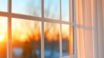 Naklejka premium Warm sunset shining through a window frame with soft curtains and blurred outdoor scenery