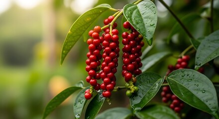 Vibrant Red Pepper Berries Growing on Vine with Lush Green Foliage