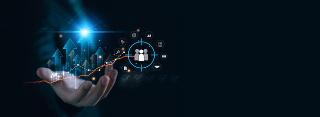 Businessman with economic profit growth, business data for long term investment growth goals and company finance balance, Economic analysis of Digital marketing, CRM, Strategy and planning of target.