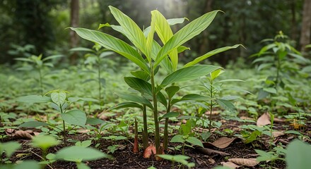 Vibrant Green Sprouting Plant Growing in Lush Forest Under Sunlight