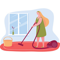 Woman with Long Blonde Hair in a Green Dress Vacuums a Red Carpet Next to a Window with a Bucket and Vase Detailed Illustration