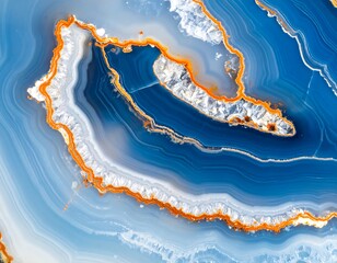 Close-up of a blue and orange banded mineral, geological patterns