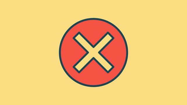 Minimalist red circular error icon featuring thick yellow X shape with dark border against bright yellow backdrop in simple animation style