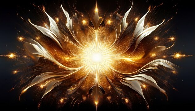 an explosive abstract corona of golden and white energy erupting from a dark center sending out waves of luminous particles