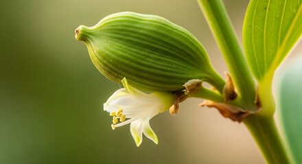 Macro Close up of Green Tropical Fruit Pod Developing Beside Small White Blossom on Stem