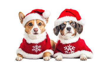 Christmas Puppies: Two adorable puppies decked out in festive Santa Claus outfits and hats, eagerly awaiting the holiday season, embodying the spirit of yuletide cheer and the warmth of the season.