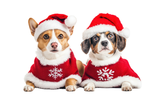 Christmas Puppies: Two adorable puppies decked out in festive Santa Claus outfits and hats, eagerly awaiting the holiday season, embodying the spirit of yuletide cheer and the warmth of the season.