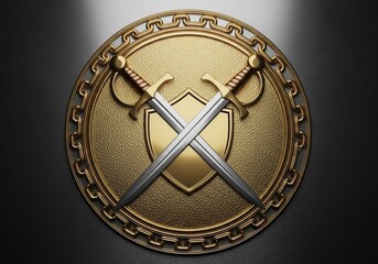 Crossed swords on a golden textured shield with a chain border. Medieval weapon and protective gear. Symbol of strength, honor, and defense.