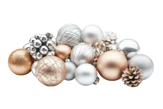 Festive Ornaments: A cluster of glittering golden and silver Christmas ornaments are arranged, conveying the spirit of the holiday season, complete with textures of various sorts.