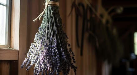 Dried Herb Bundle Hanging Indoors Near Window for Natural Aromatherapy and Decor