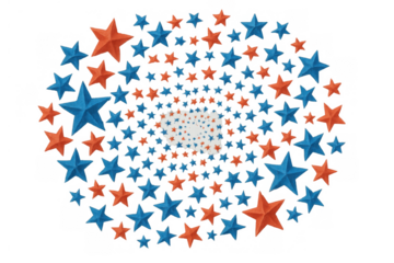 Red and blue stars forming 3d spiral vortex pattern, patriotic design with transparent background, motion concept