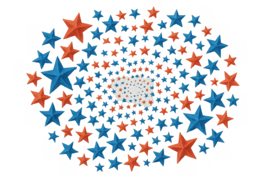 Red and blue stars forming 3d spiral vortex pattern, patriotic design with transparent background, motion concept