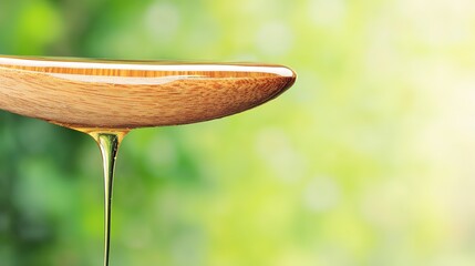 apiary. Golden honey dripping from wooden spoon, blurred natural background. menu design, packaging mockups, designed for food delivery and cloud-kitchen brand materials, used by photographers.