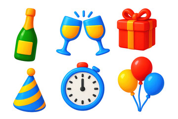 Set of icons for a party, including a clock, balloons, and a gift box