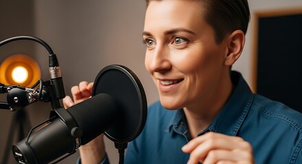Smiling Person Recording Audio with Professional Studio Microphone