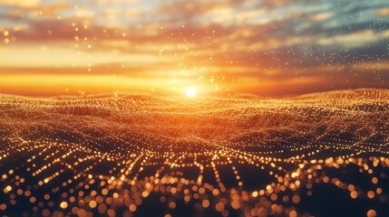 Digital network connecting data points at sunrise