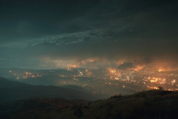 Obraz premium A distant city skyline barely visible through thick smoke and haze, with faint orange glows from fires below.