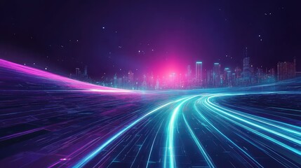 Futuristic cityscape digital highway transferring high speed data
