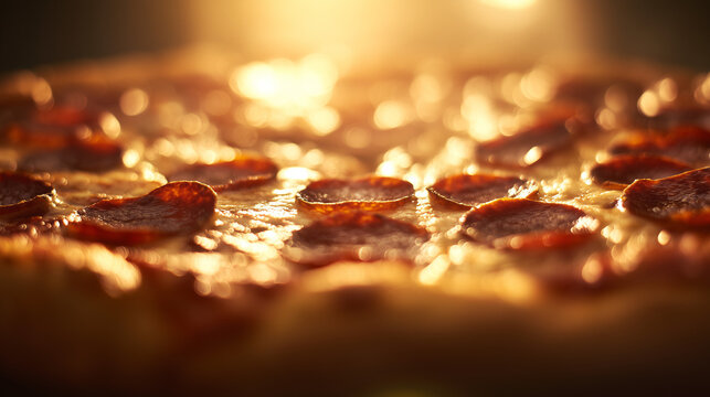 A close-up of a freshly baked pepperoni pizza with melted cheese and steam rising. representing modern convenience, menu design, designed for culinary blogs and recipe cards for restaurants.