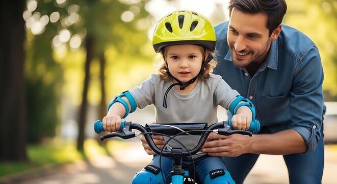 Father Teaching Young Child to Ride Bicycle Outdoors with Safety Gear