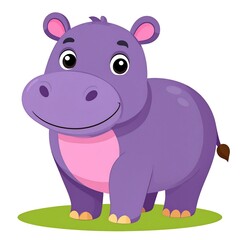 Naklejka premium Purple cartoon hippopotamus stands on green grass with a pink belly.