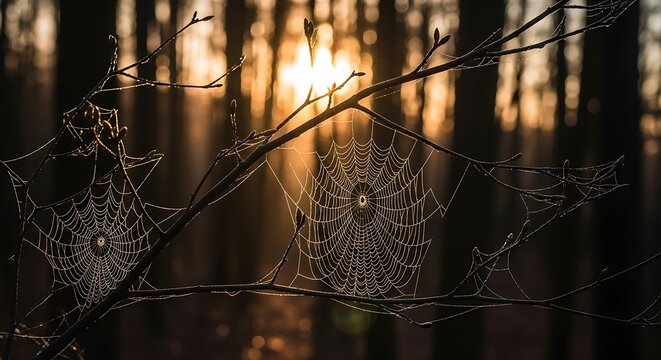 Two intricate spiderwebs glistening with dew in the morning sun.