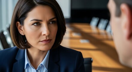 Serious Professional Woman in Business Meeting Listening Intently to Colleague