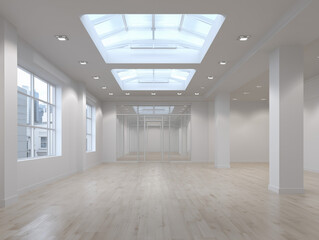Obraz premium Sala diáfana con suelo de madera clara, paredes blancas, columnas blancas, grandes ventanales y puertas de cristal, con tragaluces y luz natural, perfecta para oficina, galería o espacio creativo