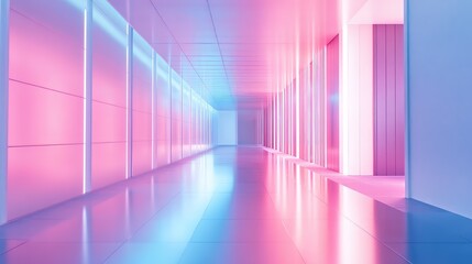 Empty modern futuristic hallway illuminated by neon lights