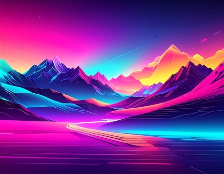 A vibrant, neon landscape depicts a mountain range under a twilight sky. A stylized road leads towards the distant peaks