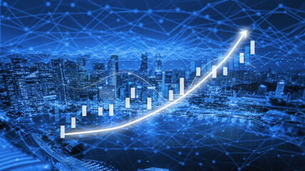 This image showcases a blue digital financial data visualization featuring a glowing trending graph against a modern city skyline, representing growth and technology. Impute