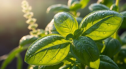 Vibrant Green Herb Leaves with Morning Dew and Sunlight Close up