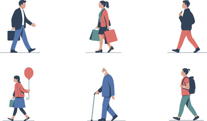 Businessman walking with briefcase, woman shopping with bags, young girl holding balloon, old man with cane, traveler backpack, cad drawing flat vector illustration