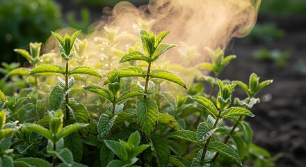 Vibrant Green Herb Plants Mist Sprayed in Garden at Sunset