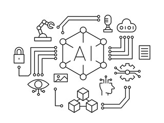 Artificial Intelligence Tech Innovation Concepts Illustration with AI Generative Automation Futuristic Data Outline Icons Elements Media. Security Network connection Cloud Computing Structure System