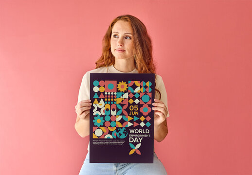 Mockup of Woman Holding vertical A3 Ledger/Tabloid poster