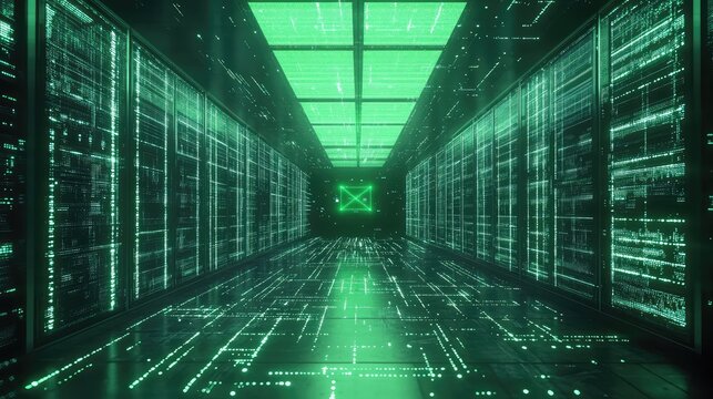 Data center corridor with glowing digital information stream