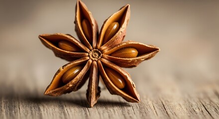 Macro Shot of Aromatic Star Shaped Spice Pod on Rustic Wooden Surface